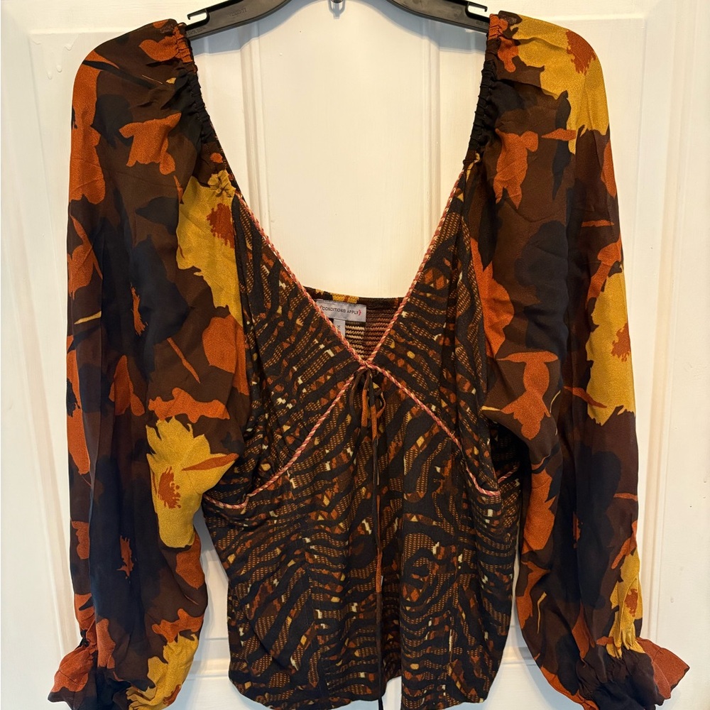 Floral Print Women's Top - Orange, Brown, and Yellow